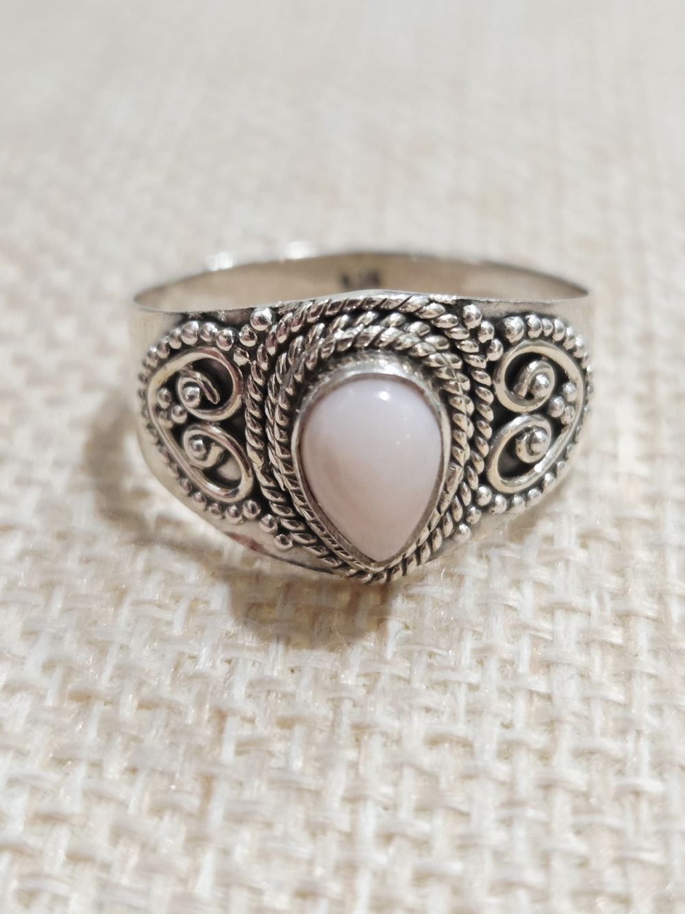 Sterling Silver Ring with Pink Opal Teardrop Stone